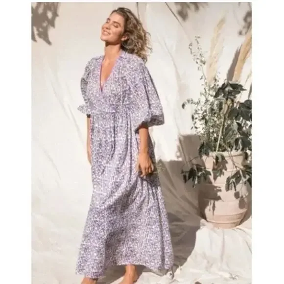 Daughters of India Binita Maxi Dress Purple Floral 100% Cotton Size Small NEW - Picture 3 of 14